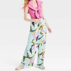 a new day High Rise Wide Leg Drawstring Floral Linen Blend Pant Small